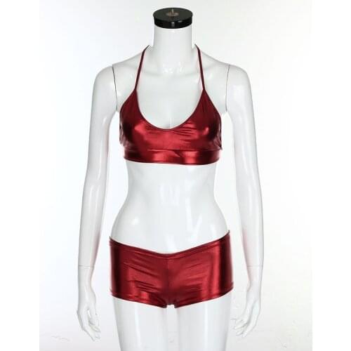 Women Shiny Metallic Two Pieces Sets Faux Leather Lingerie Sexy Halter Crop Top Bondage Shorts Night Club Dancing Costume