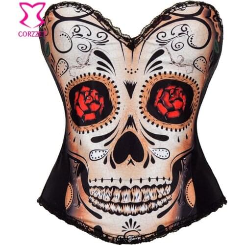 Skull Face WIth Floral Eye Print Waist Trainer Corsets And Bustiers Sexy Corselet Corset Burlesque Steampunk Costumes For Women
