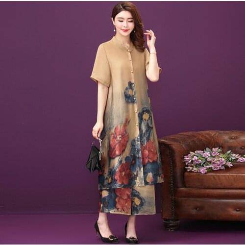 Two Pieces Autumn New Short Sleeved Retro Literature Art Loose Women Elegant Female Silk Cardigan Wide Leg Pants Plus Size