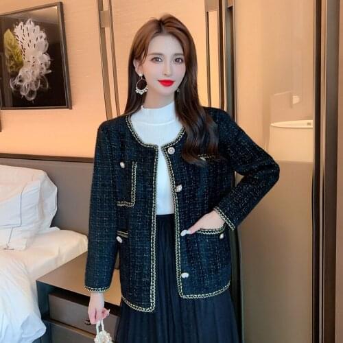 2021 Autumn Small Fragrant Knit Cardigan Imitation Mink Velvet Loose Single Breasted Bright Silk Plaid Jacket Women Tweed Coat