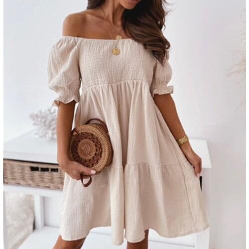 2021 Summer New Fashionable Strapless Short Dress Women Casual Solid Color Loose Beach Dresses Puff Sleeve Holiday Vestidos