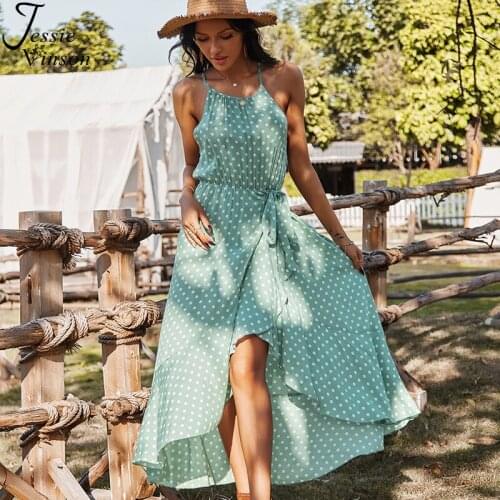 Jessie Vinson Polka Dots Asymmetrical Long Dress Women Sexy Sleeveless Straps Boho Beach Dresses Vestidos Summer Robe Femme 2021