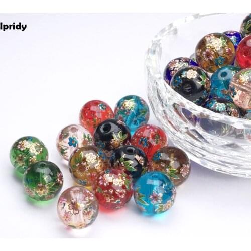 Glass Japan Painting Vintage Japanese Colored Drawing Beads Round the bottom of color Flower Pattern Transparent 12mm 5 Pcs