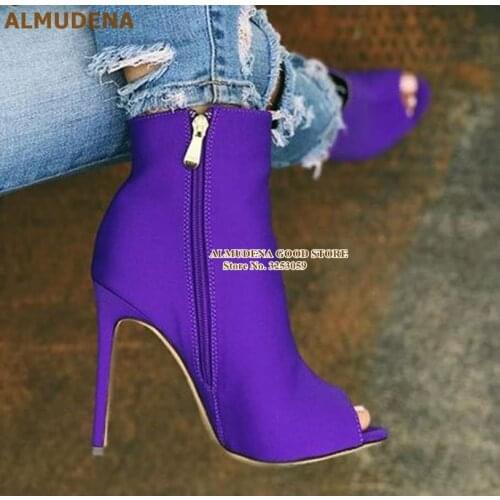 ALMUDENA Purple Neon Yellow Ankle Boots Stiletto Heel Stretch Lycra Fabric Open Toe Short Boots Zipper Gladiator Motorcycle Boot