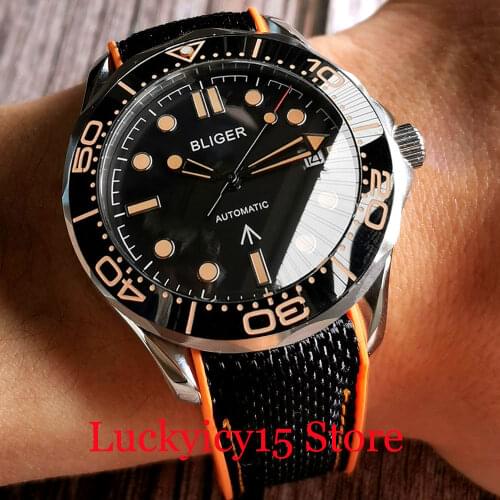 BLIGER Top Brand NH35A MIYOTA 8215 Glass Back Orange Mark Ruuber Bracelet Screwdown Crown Sapphire Glass Ceramic Insert