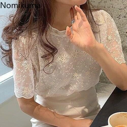 Nomikuma Elegant Lace Tops Women Stand Collar Short Sleeve Fashion T Shirts 3D Flower Temperament Tee Slightly Transparent 3a424