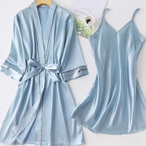 Faux Silk Robe Set Women Sexy Sleepwear Embroidery Flower Kimono Bathrobe Gown Bride Bridesmaid Wedding Gift Casual Homewear