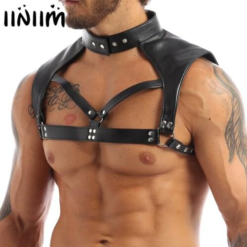 Iiniim Fashion Zentai for Men Lingerie Performance Adjustable Body Chest Harness Bondage Costume with Choker Neck Press Buttons