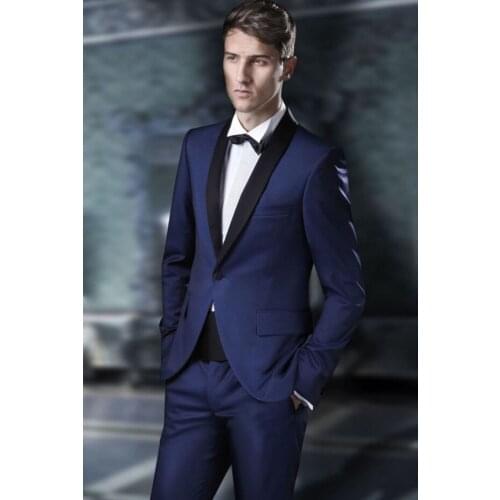 Custom Made Groomsmen Shawl Black Lapel Groom Tuxedos Navy Blue Men Suits Wedding Best Man (Jacket+Pants+Tie+Hankerchief) B899