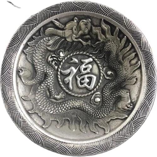 China Old Feng Shui Ornaments White Copper Silver Blessing Double Dragon Bowl