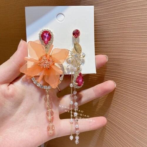 Korean Simple Cute Fashion Asymmetric Flower Crystal Drop Earrings For Women Girls Elegant Pearl Tassel Oorbellen Party Jewelry