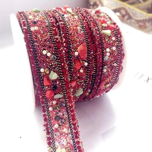 Red stone crystal rhinestone tassels Wedding dress accessories Beaded Lace Trim fabric applique patches sew on trim for clothing