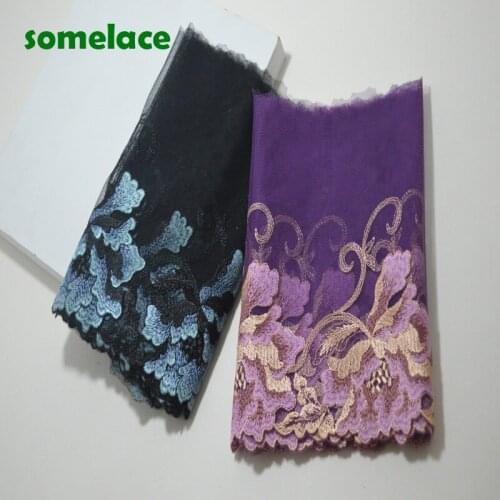 2Y/lot 19Cm Black~Purple Gauze Blue~purple Floral Embroidery Lace Trim with Design for Wedding Bridal