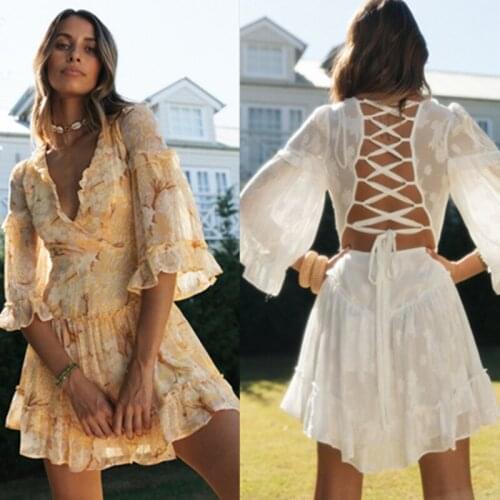 Fashion Sexy Lace Up Backless Mini Dress Robe for Women Long Sleeve Dress Autumn Female A-line Dress Ruffled 2021 Dresses