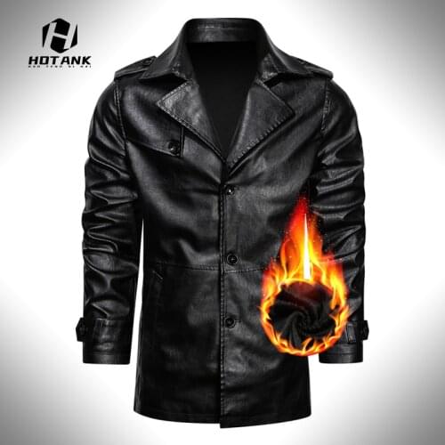 Winter Fleece Men Long Leather Jacket Black PU Trench Coat Casual Lapel Single Breasted Outwear Mens Street Retro Biker Jackets