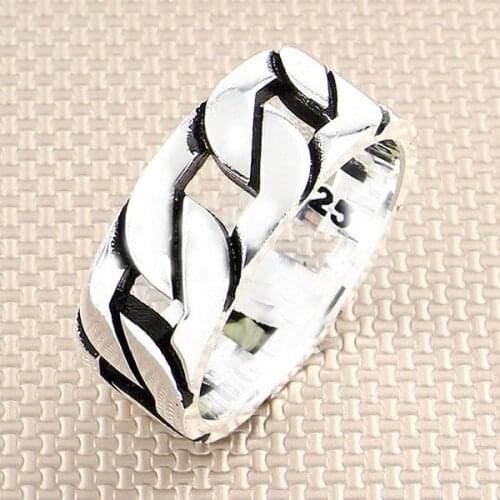 Men Silver Bands Ring With Geometric Motif Wedding Ring Engagement Silver Spinner Ring Made in Turkey Solid 925 Sterling Silver