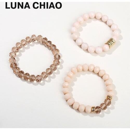 Girls Blush Glass Crystal Semi Precious Natural Stone Beads Strand Stacked Bracelet Set for Women