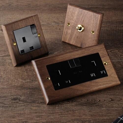 86 Type Black Walnut Wall Light Switch Retro Brass Toggle Switch 13A British Wall Socket Panel Power Outlet