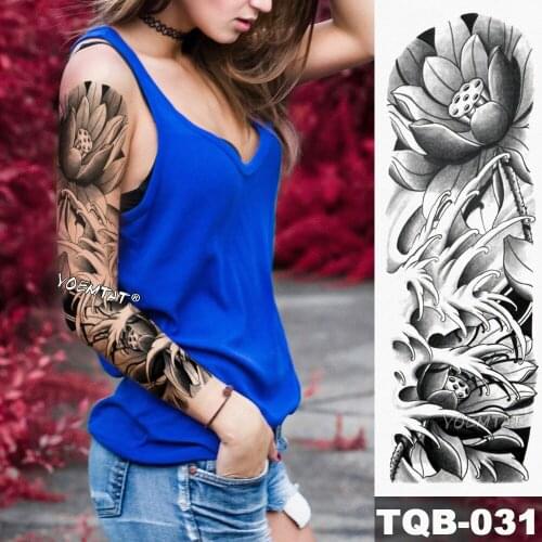 New 1 Piece Temporary Tattoo Sticker Black Lotus Flower Style Tattoo With Arm Body Art Big Sleeve Large Fake Tattoo Sticker