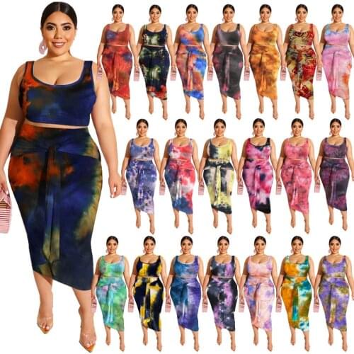 Wholesale Dropshpping Large Size XL-5XL Fashion Womens Suit Tie-dye Printing Tight Fashion Casual Long Skirt Two-piece Suit