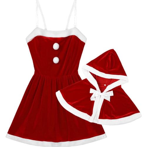 Women Christmas Reindeer Costume Soft Velvet Knee Length Dress with Hooded Cape Outfit Xmas Holiday Theme Party Elegent Dress up