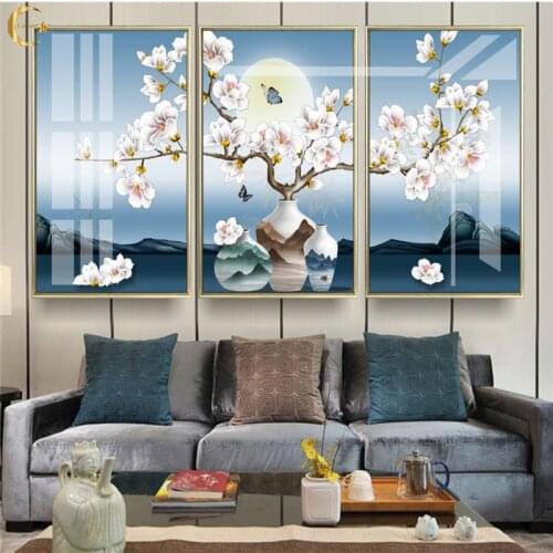 Classical Art Poster Peach Blossom Bottle Sakura Tree Moon Night Mountain Canvas Paintings Wall Pictures for Living Room Decor