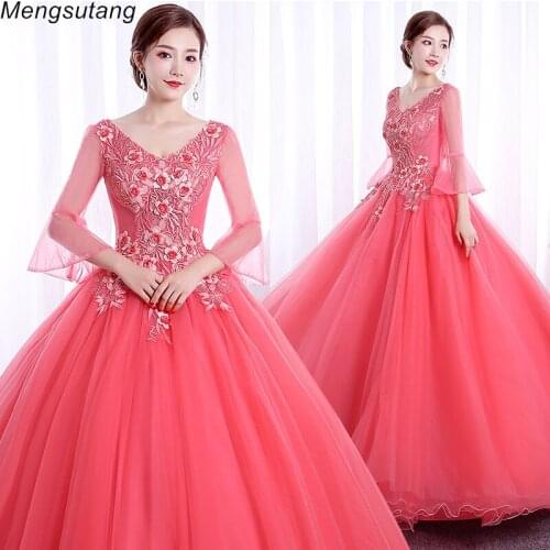 Robe De Soiree New Cheap Quinceanera Floral Flower V-neck Embroidery Elegant Evening Dresses Lace Illusion Prom Party Ball Gowns