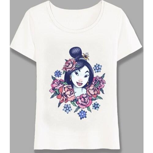 Floral Vintage Mulan Tattoo Printed T-Shirt Summer Women T-Shirt Cute Princess Design Girl Casual Tops Girl White Tees Harajuku