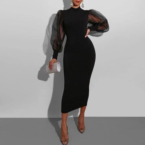 Mesh Puff Long Sleeve Bodycon Midi Dress Women High Neck Sexy Clubwear Split Pencil Black Slim Womens Party Dress 2021 Robe