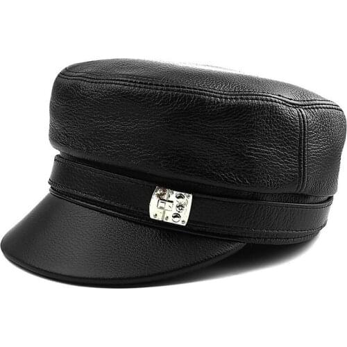 H3519 Men Black Military Hat Middle-aged Old Male Genuine Leather Cap High Quality Fashion Flat Top Outdoor Warm Casual Hats