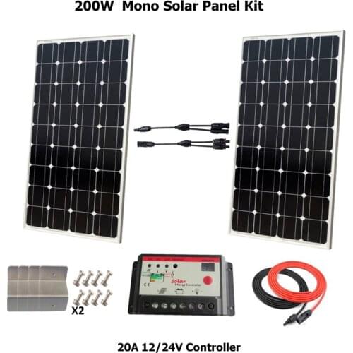 2 pcs 100w Solar Panel Monocrystalline ccell 200W solar system Photovoltaic solar panel 12v battery W/ 20A LED Solar controller