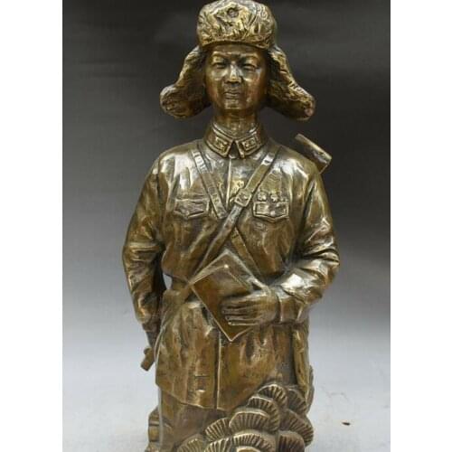 16" Pure Bronze Carving Army Peoples Liberation Lei Feng Leifeng Hero Statue