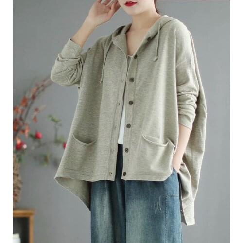 NINI WONDERLAND Women Knit Solid Vintage Hooded Sweater Single Breasted Loose Casual Sweaters 2021 Autumn Cardigan Coat Big Size