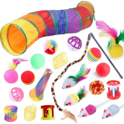 Pet Tunnel Toy Combination Set Cat Teaser Stick Rainbow Tunnel Interactive Feather Toy Fluffy Mouse Rainbow Ball Cat Bell Ball