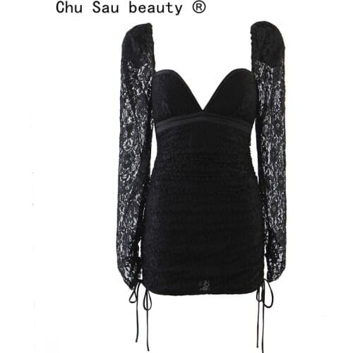 Y2k Spring New Vintage Sexy Black Lace Hollow Square Collar Backless Puff Long Sleeve Drawstring Bag Hip Mini Dress Women