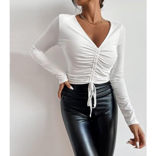 2021 Autumn Winter Long Sleeved V Neck Tee Shirts Womens Clothing White Sexy Solid Slim Cropped Drawstring Office Ladies Top