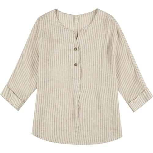 2021 Summer Woman Vertical Stripes Retro Cotton &Linen Shirt