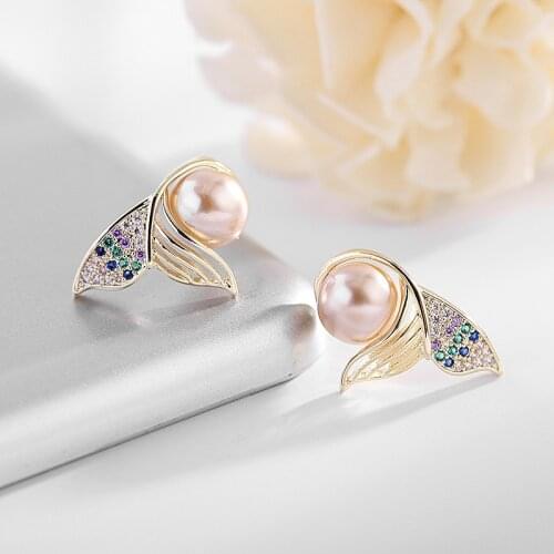 Charm Female Crystal Fishtail Earrings 100% Real 925 Sterling Silver Earrings For Women Cute Round Pearl Stud Wedding Earrings
