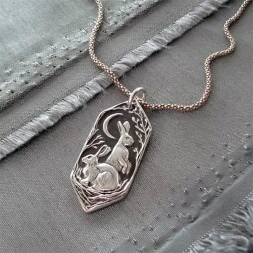 Vintage Silver Plated Moon Rabbit Pendant Necklace for Women Girl Birthday Gifts Party Chain Necklace Female Jewelry Accessories