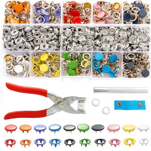 100/200 Set Metal Sewing Buttons Rings Hollow/Solid Prong Press Studs Snap Fasteners Clip Plier Tool Kit for Installing Clothes