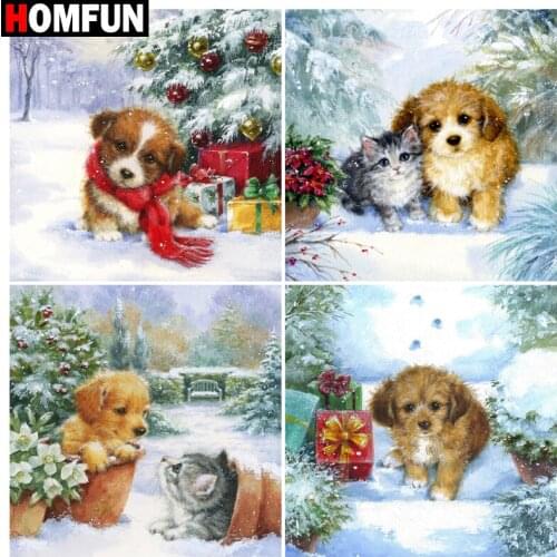 HOMFUN Diamond Embroidery DIY Diamond Painting Cross Stitch Kit "Christmas cat dog”5D Needlework Diamond Home Decoration