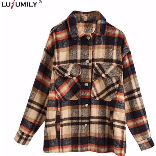 Lusumily Women Oversized Plaid Jacket 2021 Spring Autumn Coat Vintage Long Sleeve Lapel Collar Long Sleeve Loose Outerwear Chic