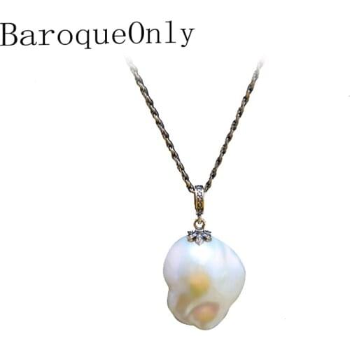 BaroqueOnly 2018 Vintage Style Pendant Necklace Freshwater Natural Barque Pearl 20-28mm White Pearl 925 Silver Free Shipping