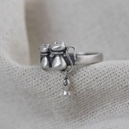 S925 silver retro distressed couple small cat open finger ring female Thai silver fashion index finger ring