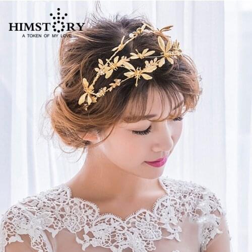 HIMSTORY Vintage Artificial Pearl Rhinestones Gold Dragonfly Bridal Headbands Crown Tiara Headbpieces Wedding Party Accessoies