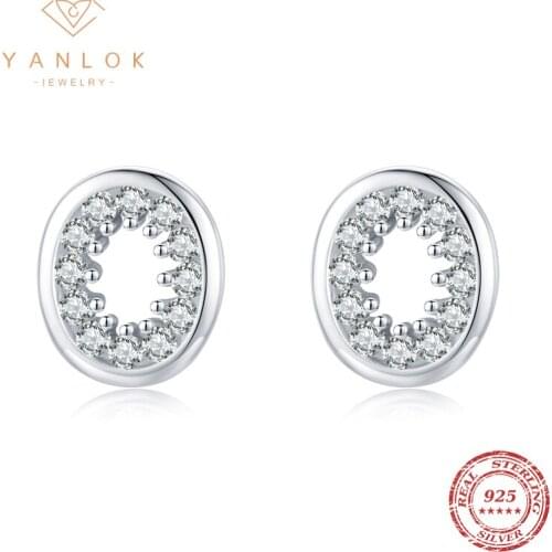 YANLOK Genuine 925 Sterling Silver Oval Cut Clear CZ Egg Shape Stud Earrings For Women Fashion Fine Anniversary Jewelry Bijoux