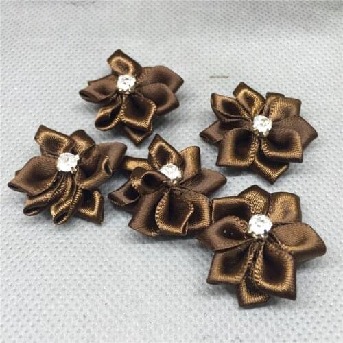10pcs Satin Ribbon Flower with Crystal Bead Appliques Dark coffee