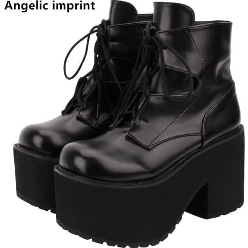 Angelic imprint handmade Women fashion motorcycle punk boots lady short Boots woman high trifle heels pumps shoes lace up 33-47
