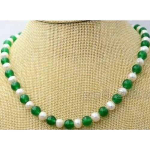 Free Shipping New Beautiful 7-8mm Natural White Akoya Pearl & Green Jade Necklace 18"