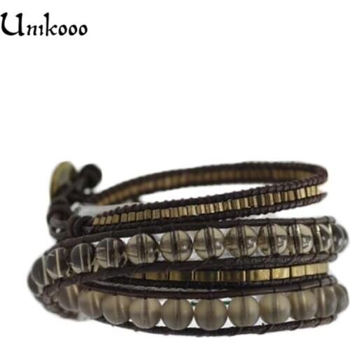 Unisex Bracelet Boho Natural Stone with Brown Seeds Beads Wrap Bracelet Leather Wrap Bracelet 4 Strands Stone Rope Jewelry